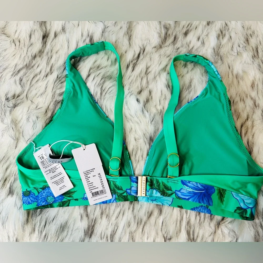 Seafolly Green and Blue Floral Bikini Top Garden Party Print Longline Tri USA 12 - Picture 3 of 3